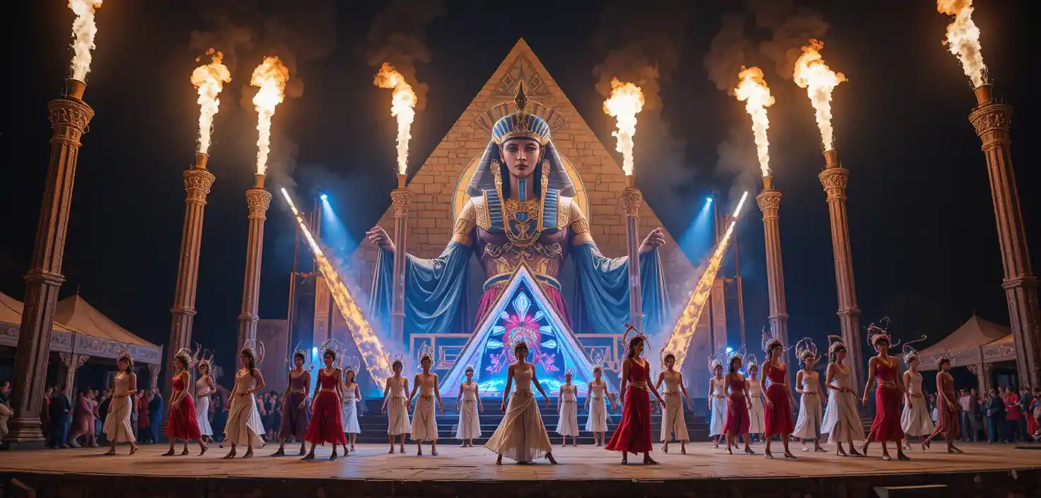 Live Egyptian themed performance on outdoor festival stage