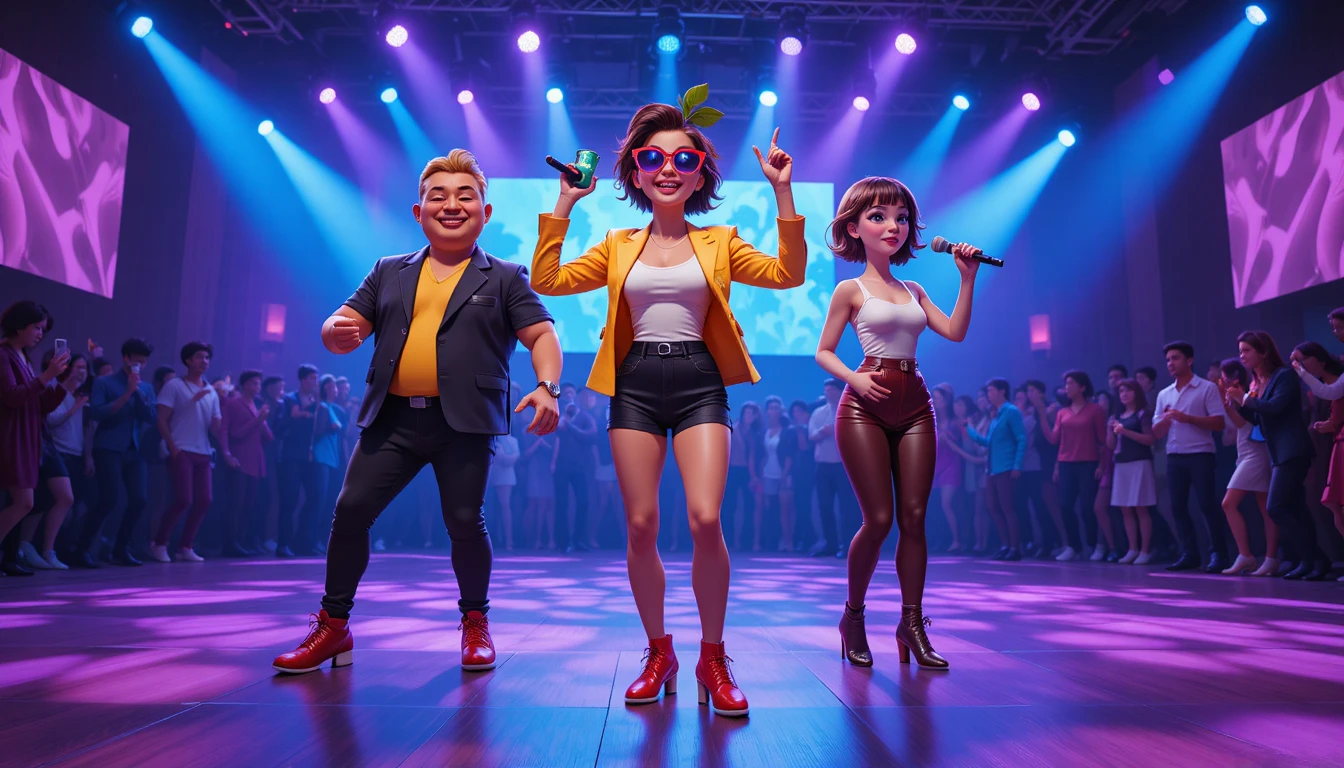 Anthropomorphic party characters dancing on a vibrant nightclub stage