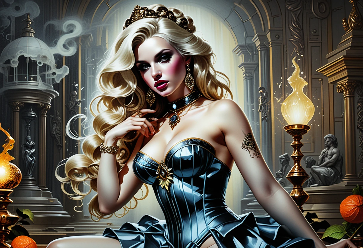 Glamorous blonde woman in couture before rainforest temple