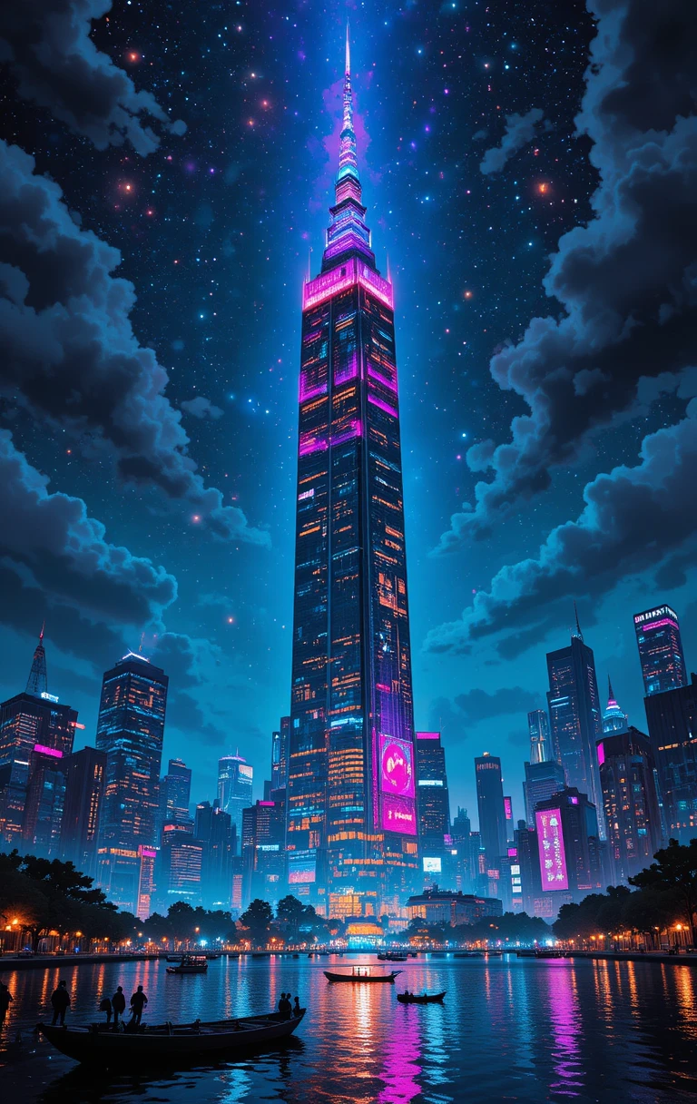 Neon skyscraper above a vibrant night city and lake