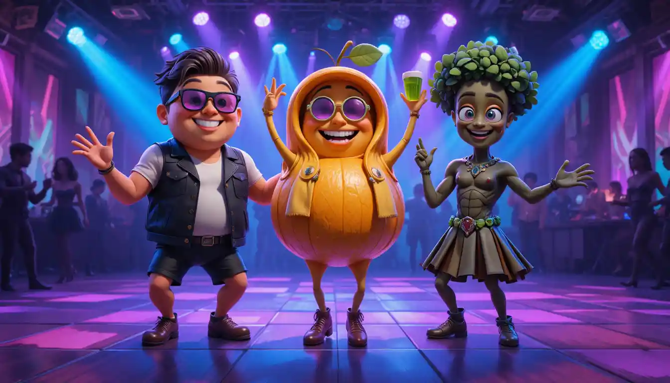 Anthropomorphic characters dancing on a colorful disco floor