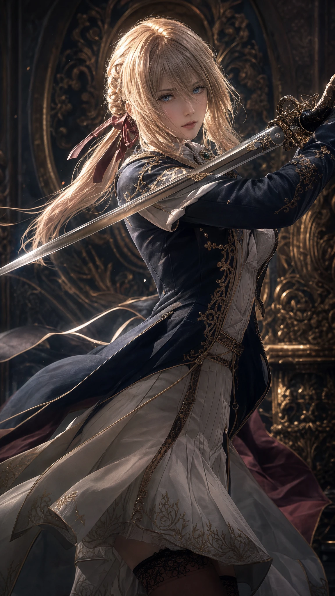 Guerreira elegante com espada em estilo barroco