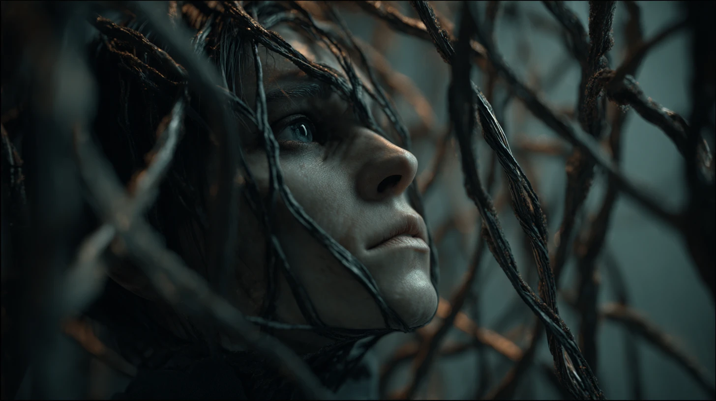 Human figure trapped in dark organic tendril cage