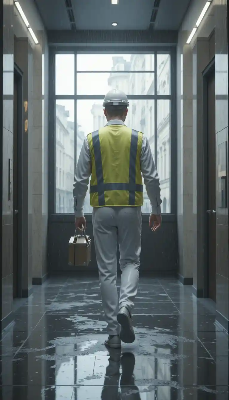Electrician figure walking through modern bank lobby interior