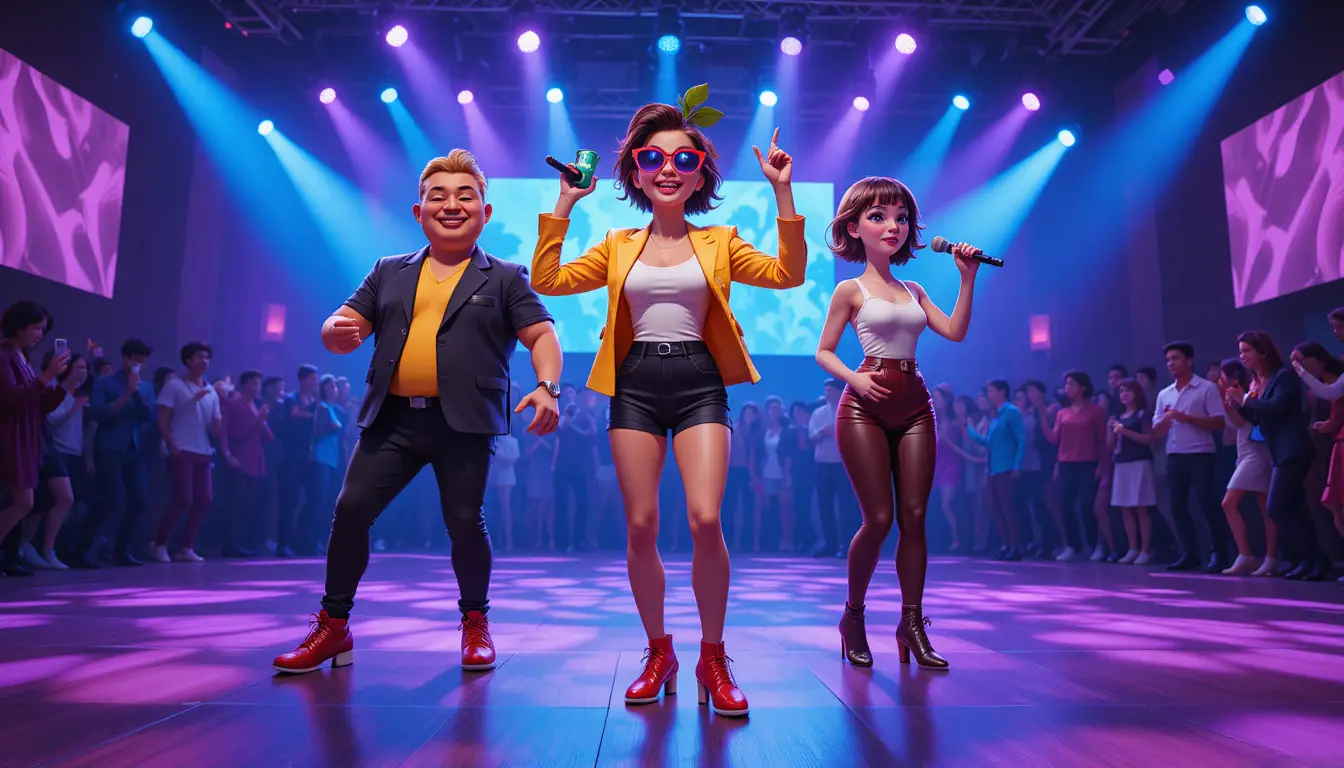 Anthropomorphic party characters dancing on a vibrant nightclub stage