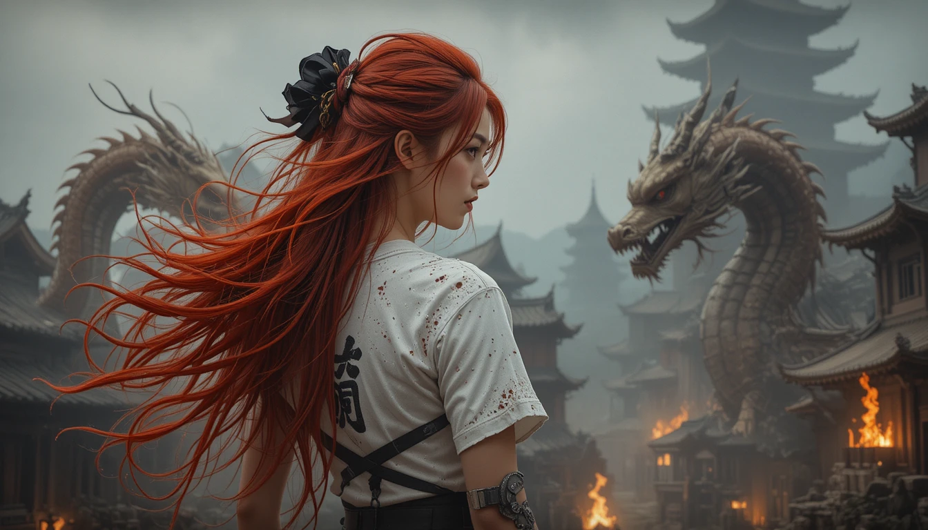 Red haired anime woman before dragons and misty temple