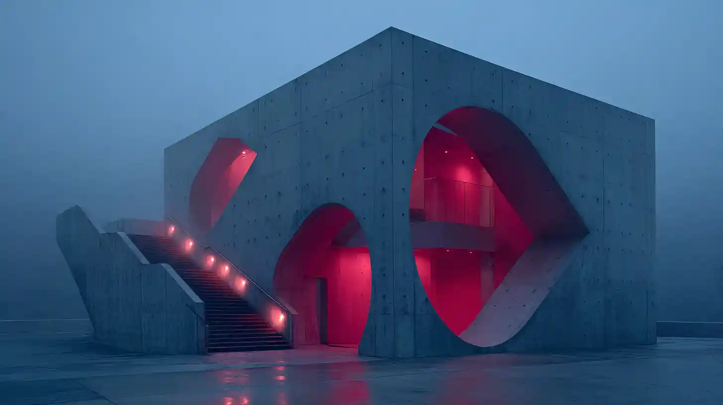 Abstract concrete building glowing red in empty foggy landscape