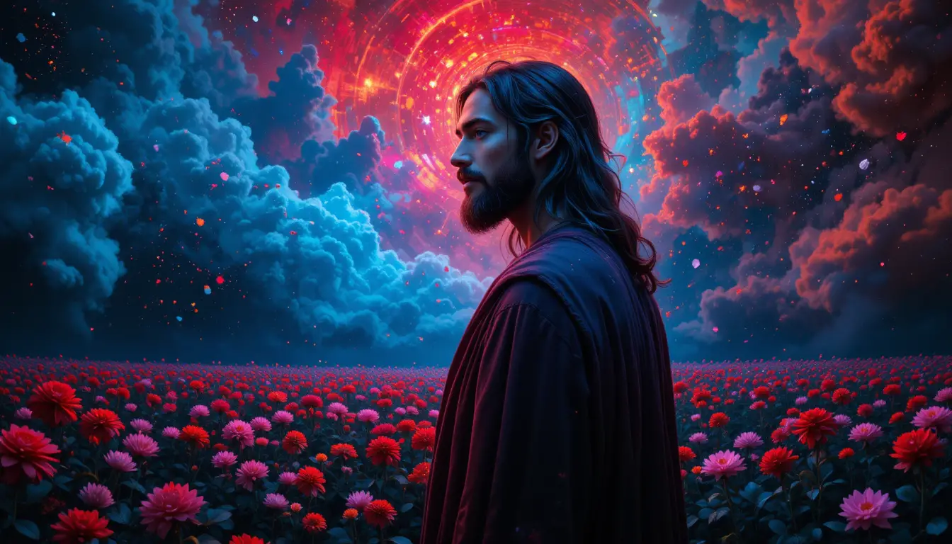 Jesus standing in a dark dreamlike field of flowers
