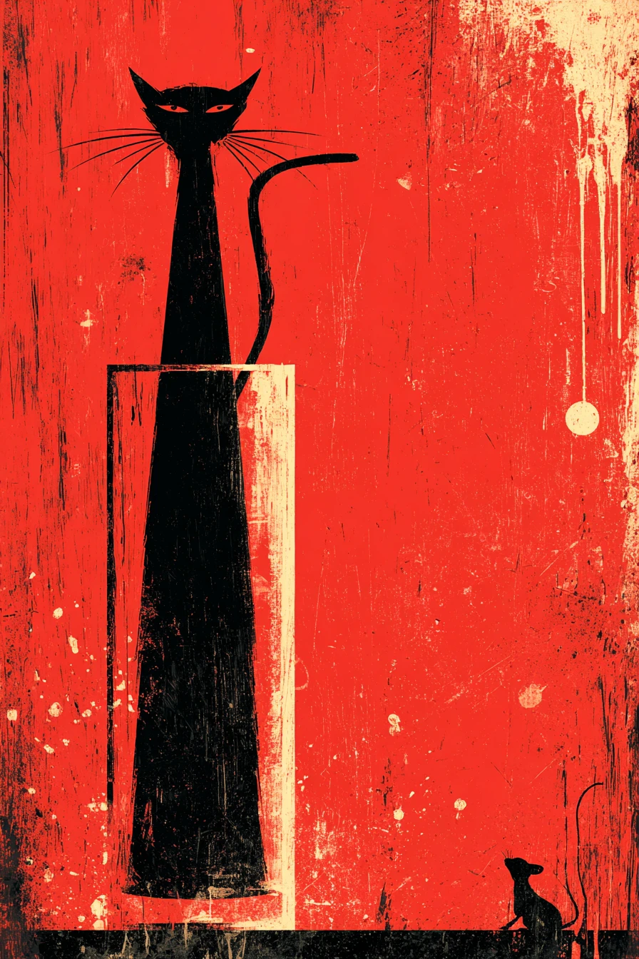 Vintage thriller poster with black cat silhouette on red