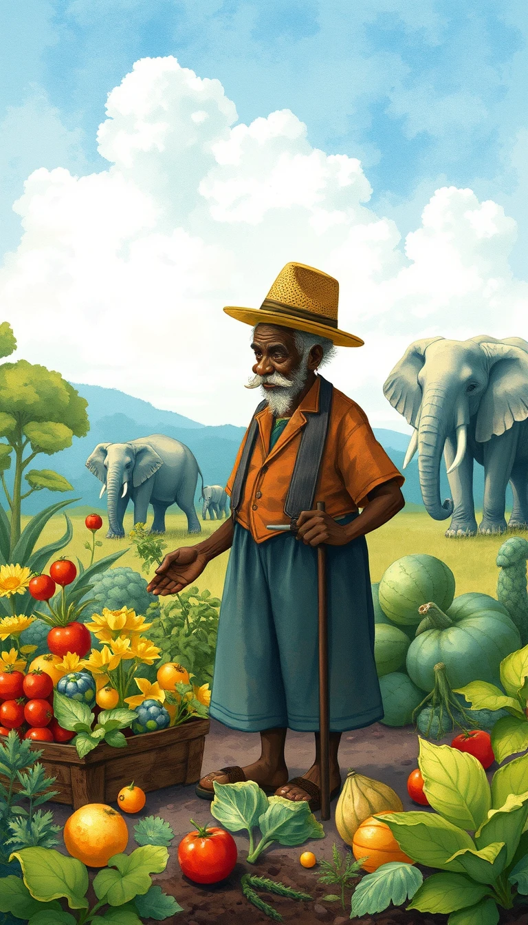 Old man gardening in a cozy watercolor African savanna