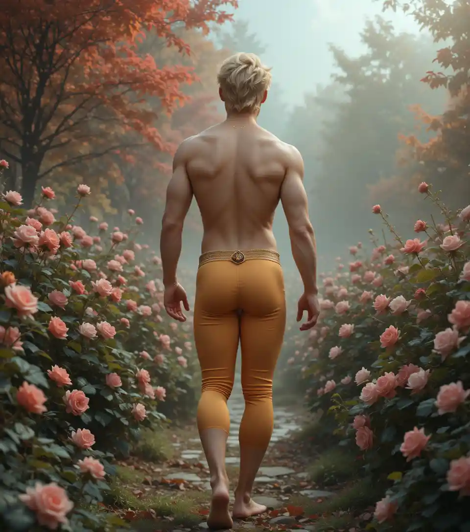 Barefoot blond young man walking in a misty garden