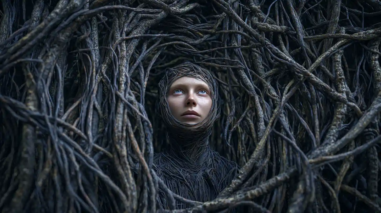 Human figure trapped in dark organic tendril cage