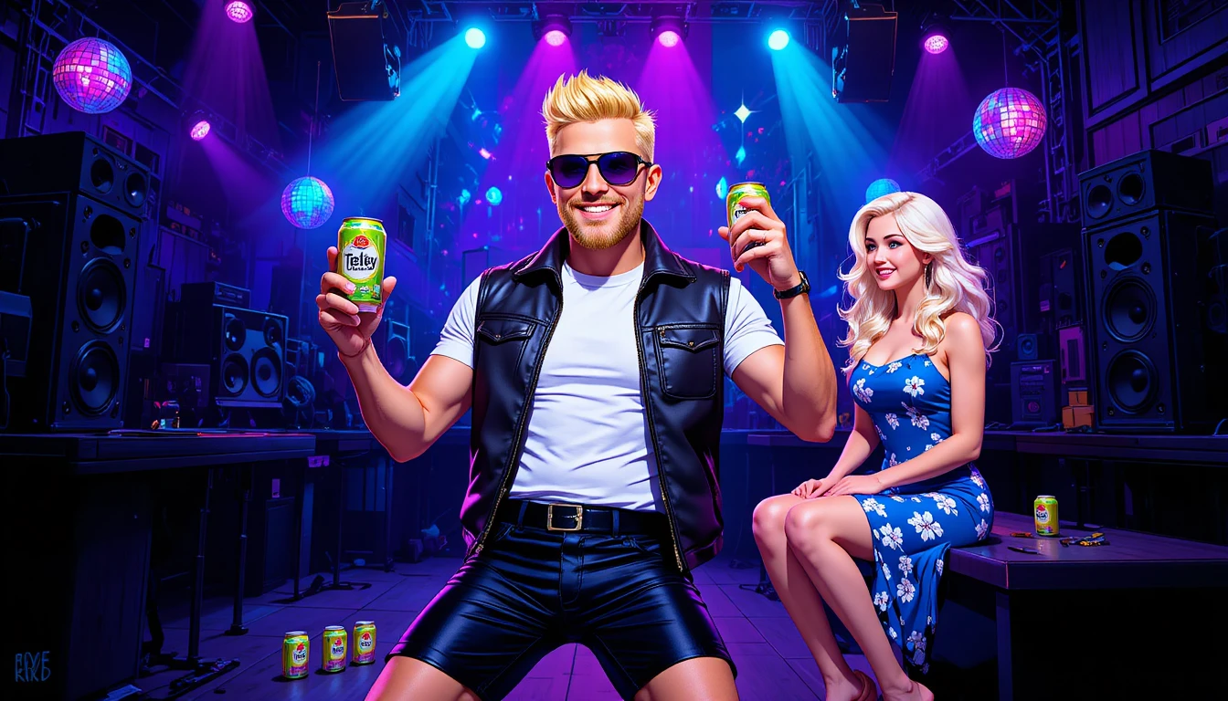 Dancing man with soda cans in colorful nightclub