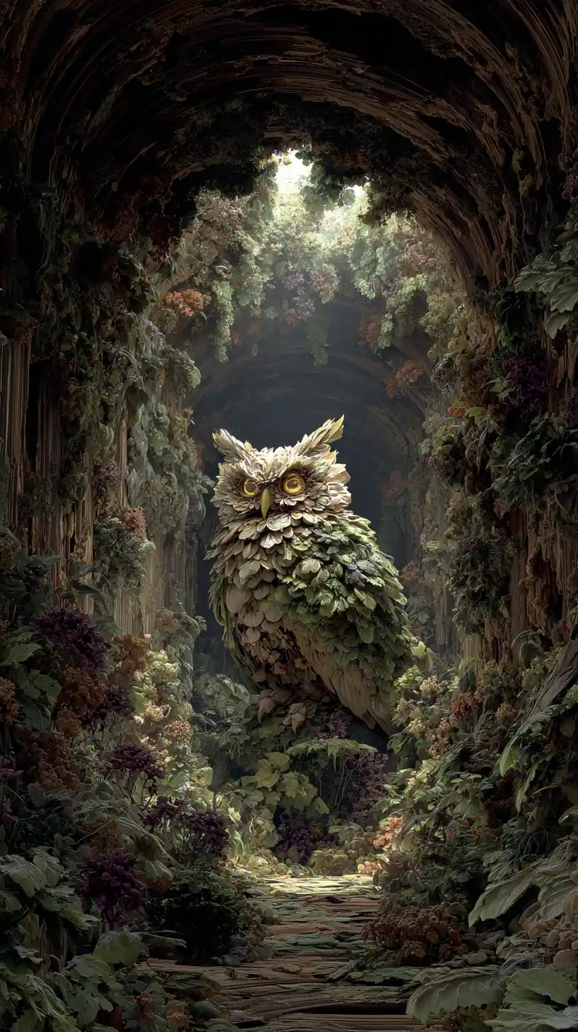 Surreal owl within living forest archway