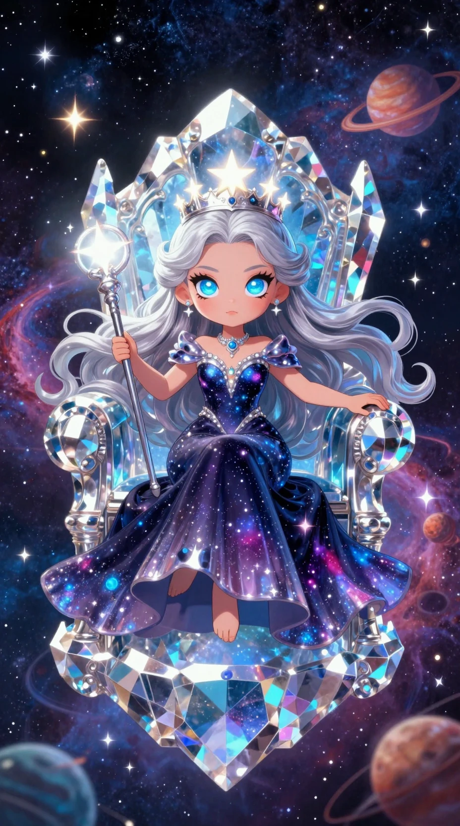 Chibi queen on a crystal throne in a cosmic nebula