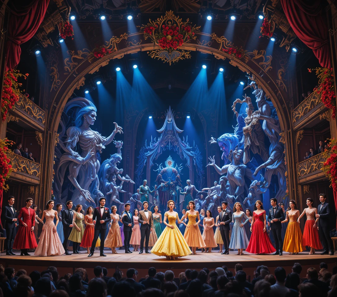Dramatic musical cast performing on ornate theater stage