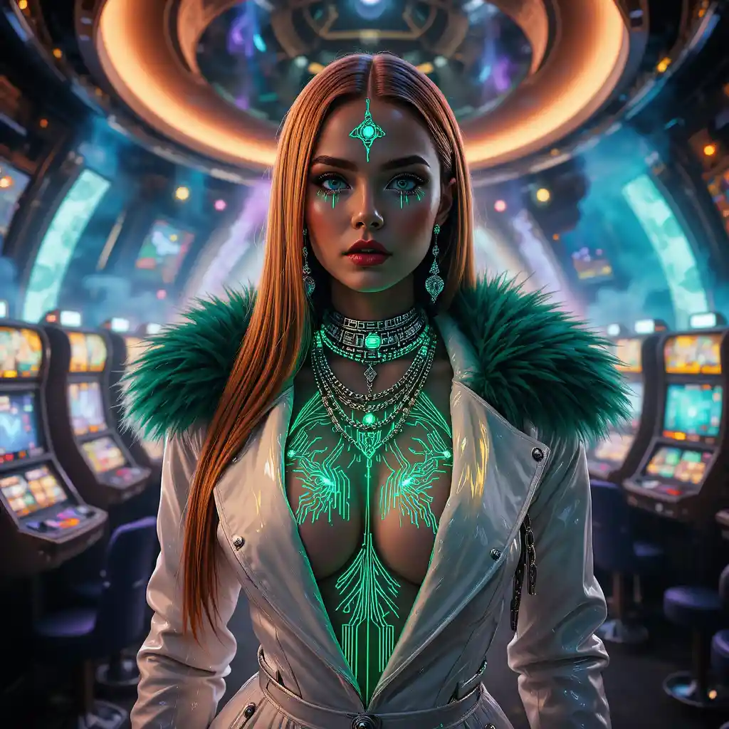 Glamorous interstellar outlaw in a neon lit orbital casino