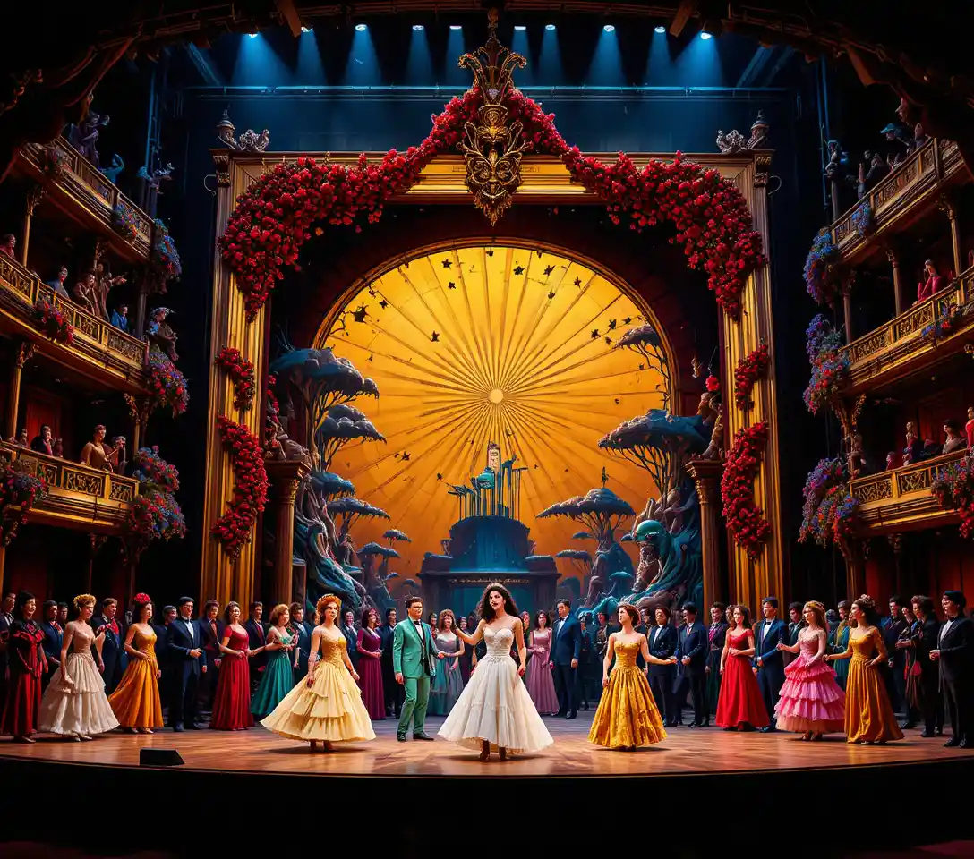Dramatic musical cast performing on ornate theater stage