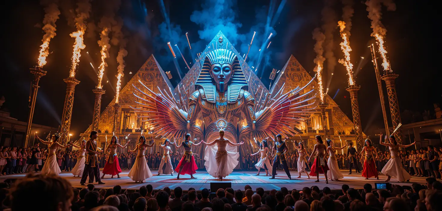 Egyptian themed live show with dancers on golden stage