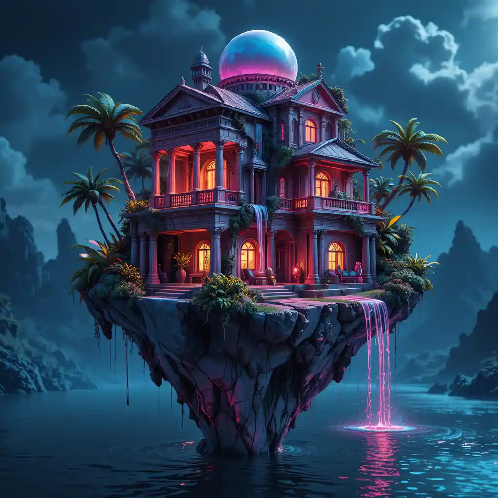 Floating island temple diorama with neon lit goddess relief
