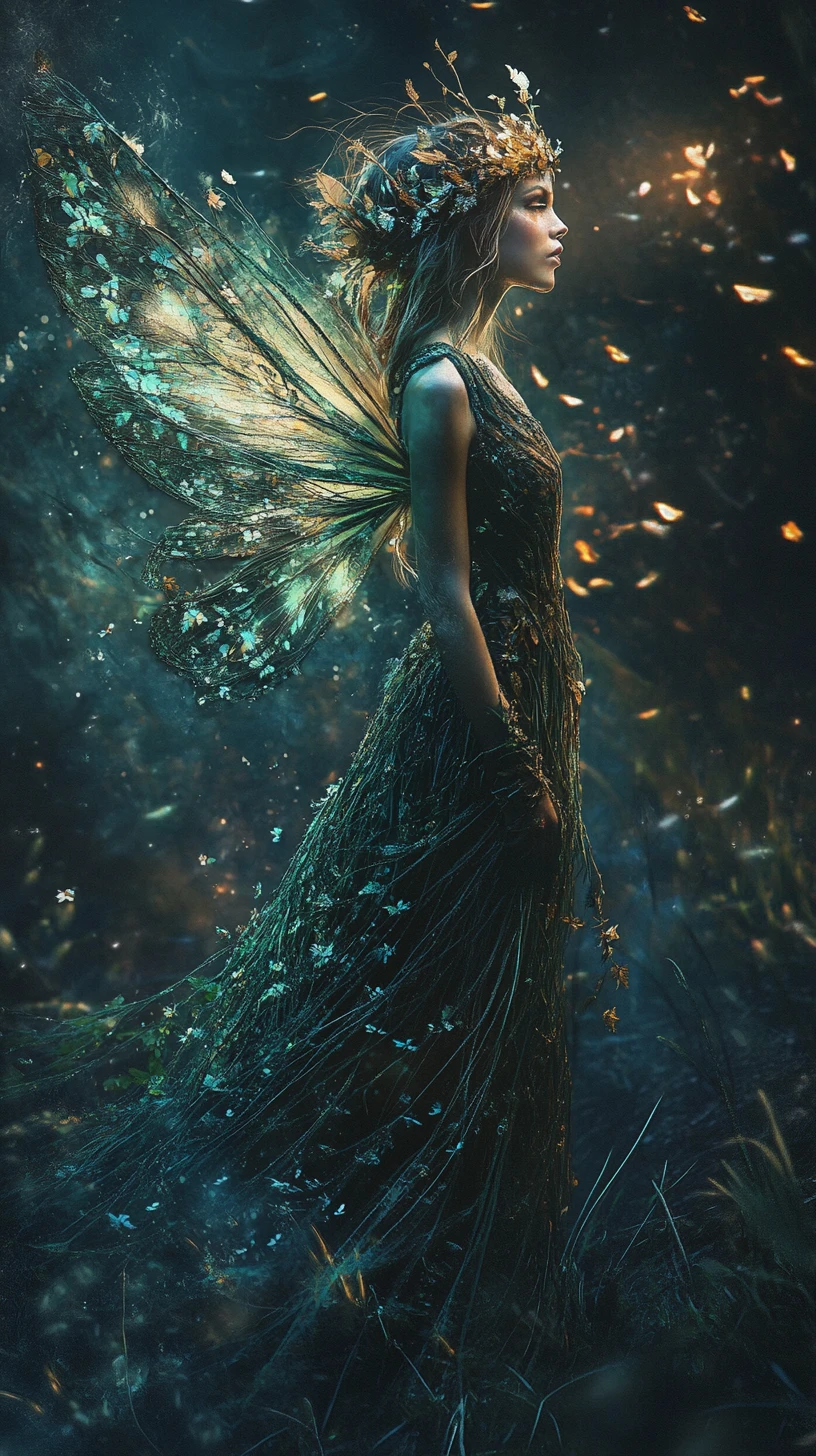 Mystical fairy woman emerging from inky nocturnal darkness
