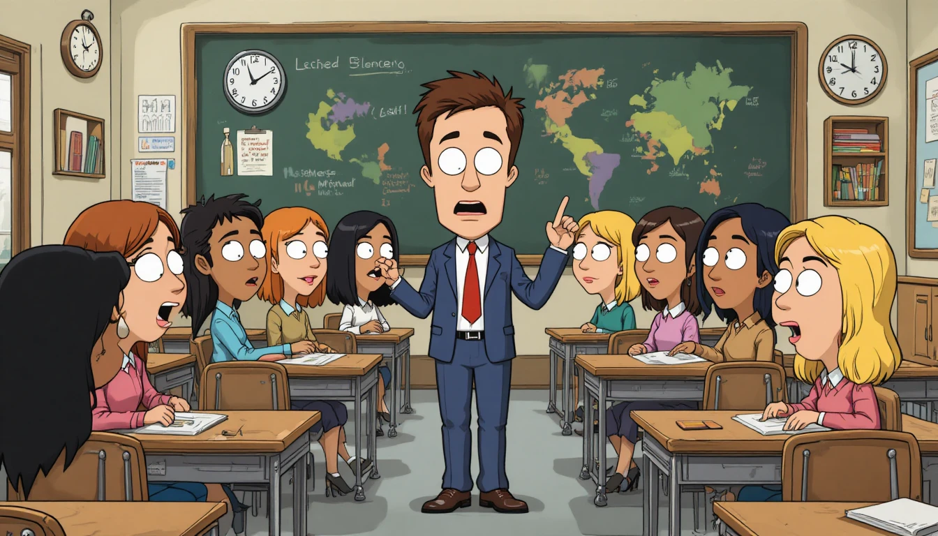 Cartoon teacher and diverse students in a bright classroom