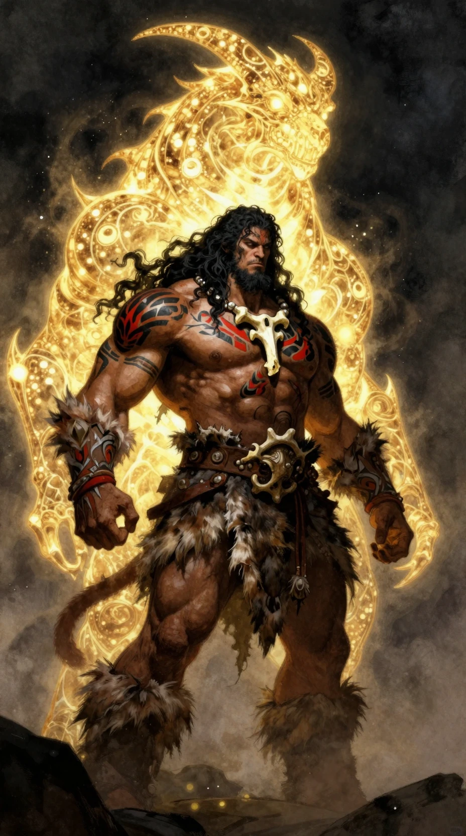 Muscular barbarian demigod before a glowing chimera spirit