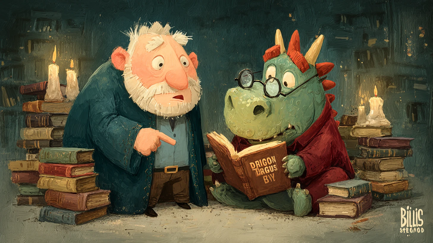 Anciano mago enseñando a leer a un dragón confundido