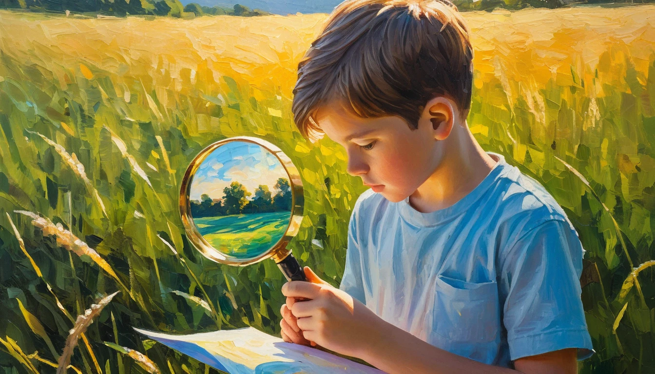Young boy studying light with magnifying glass in field