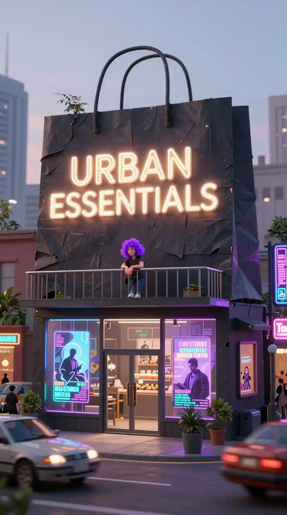 Giant shopping bag building on a neon city street corner