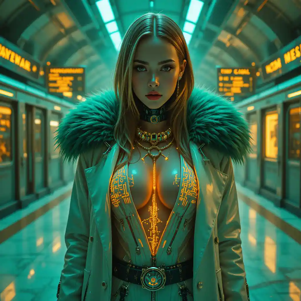 Cybernetic femme fatale in a neon lit frozen train terminal