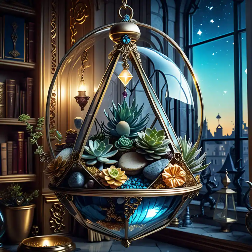 Mystical hanging glass terrarium with succulents and gems