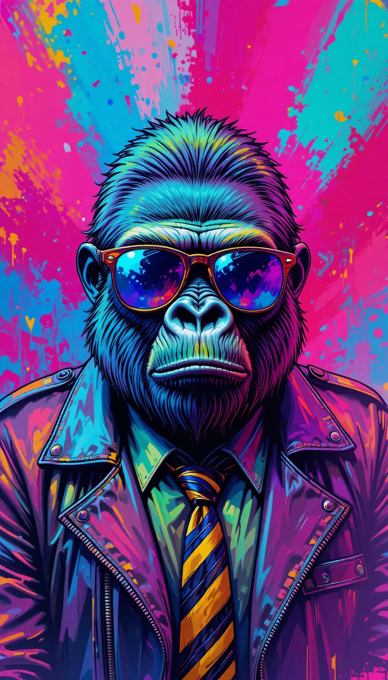 Cool gorilla in sunglasses with neon abstract background
