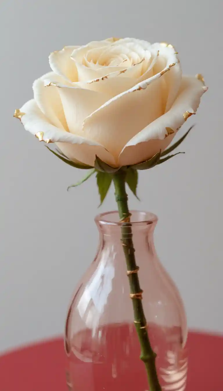 Single white rose in a blush pink glass vase on red table