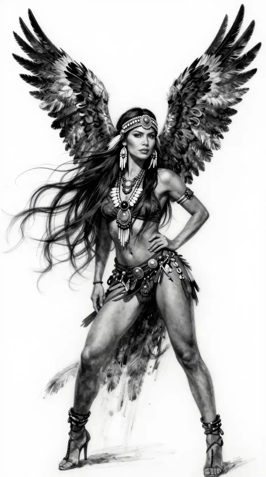 Charcoal portrait of a Native American woman with feathered wings