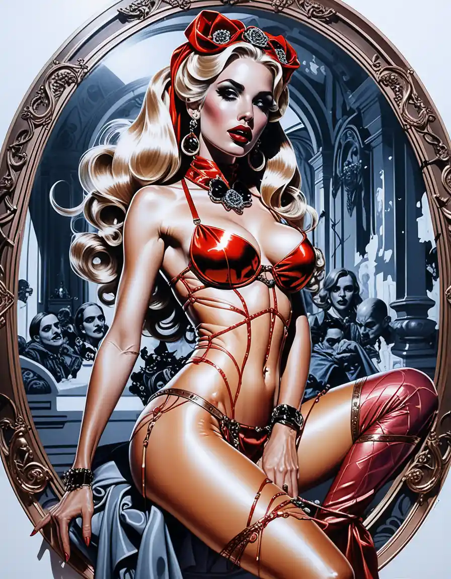 Glamorous platinum blonde courtesan in baroque fashion pose