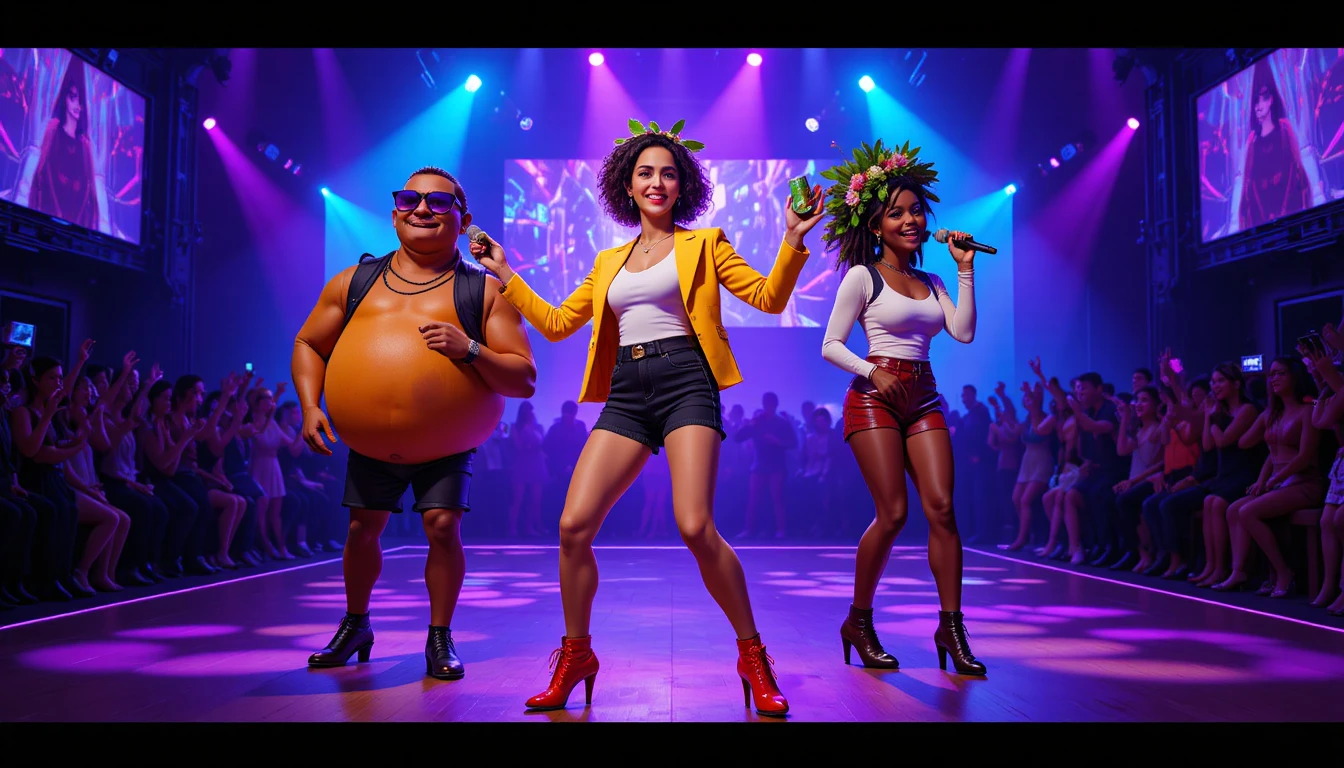 Three quirky characters dancing on a vibrant disco floor