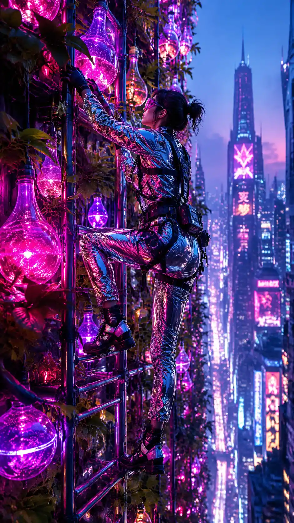 Cyberpunk climber on neon ladder in futuristic garden