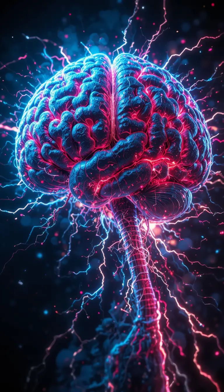 Glowing Human Brain With Electric Red And Blue Sparks