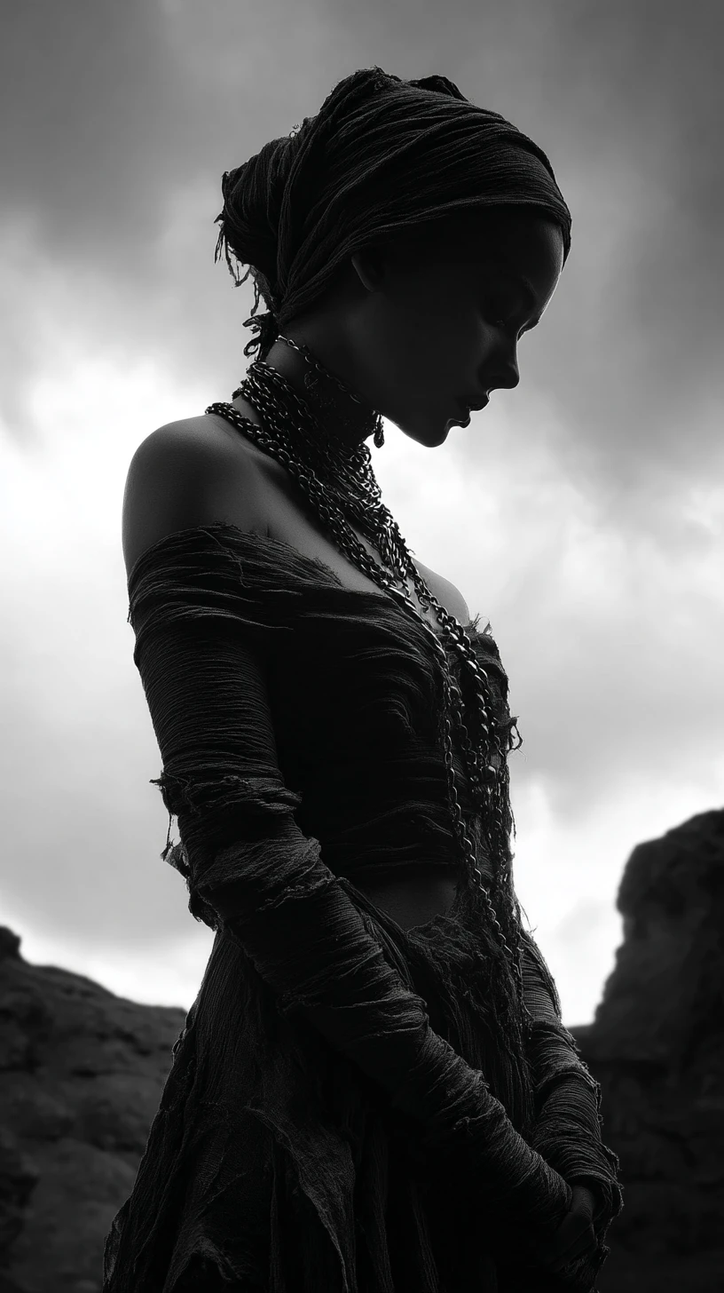 Somber black and white portrait of a girl in desert wraps