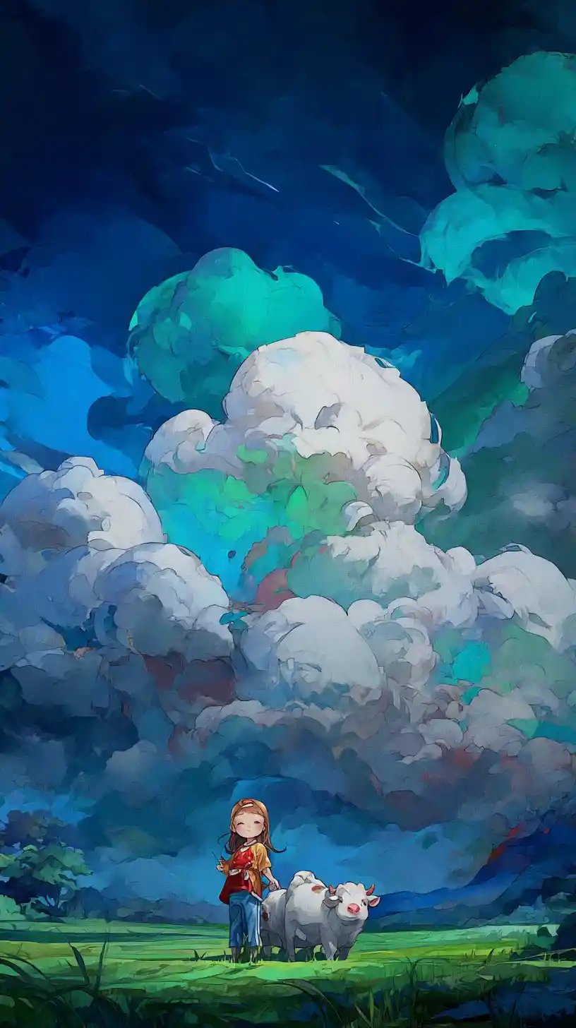 Young girl smiling softly in a grassy field with glowing clouds