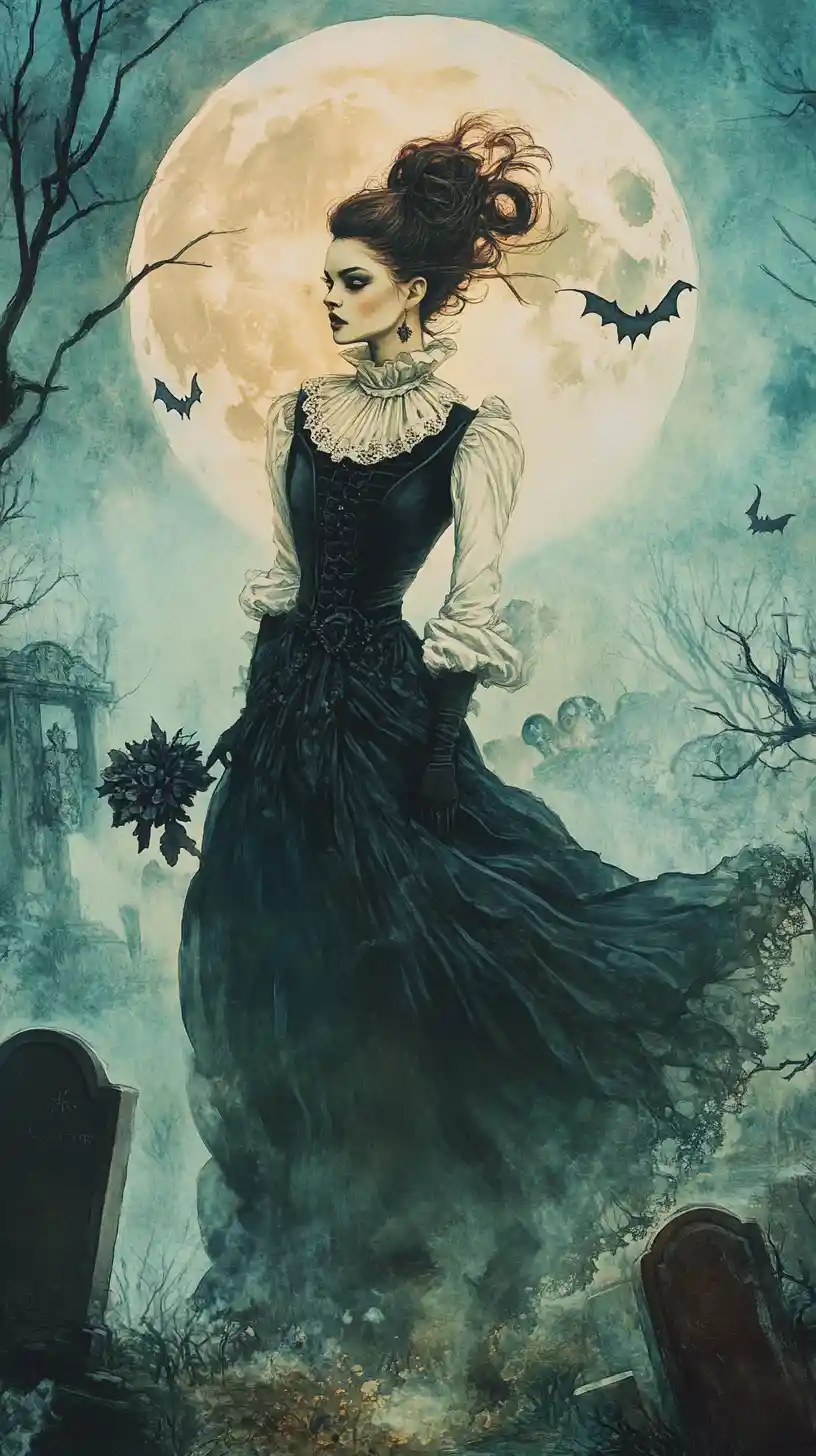 Gothic woman in moonlit graveyard with twisted trees