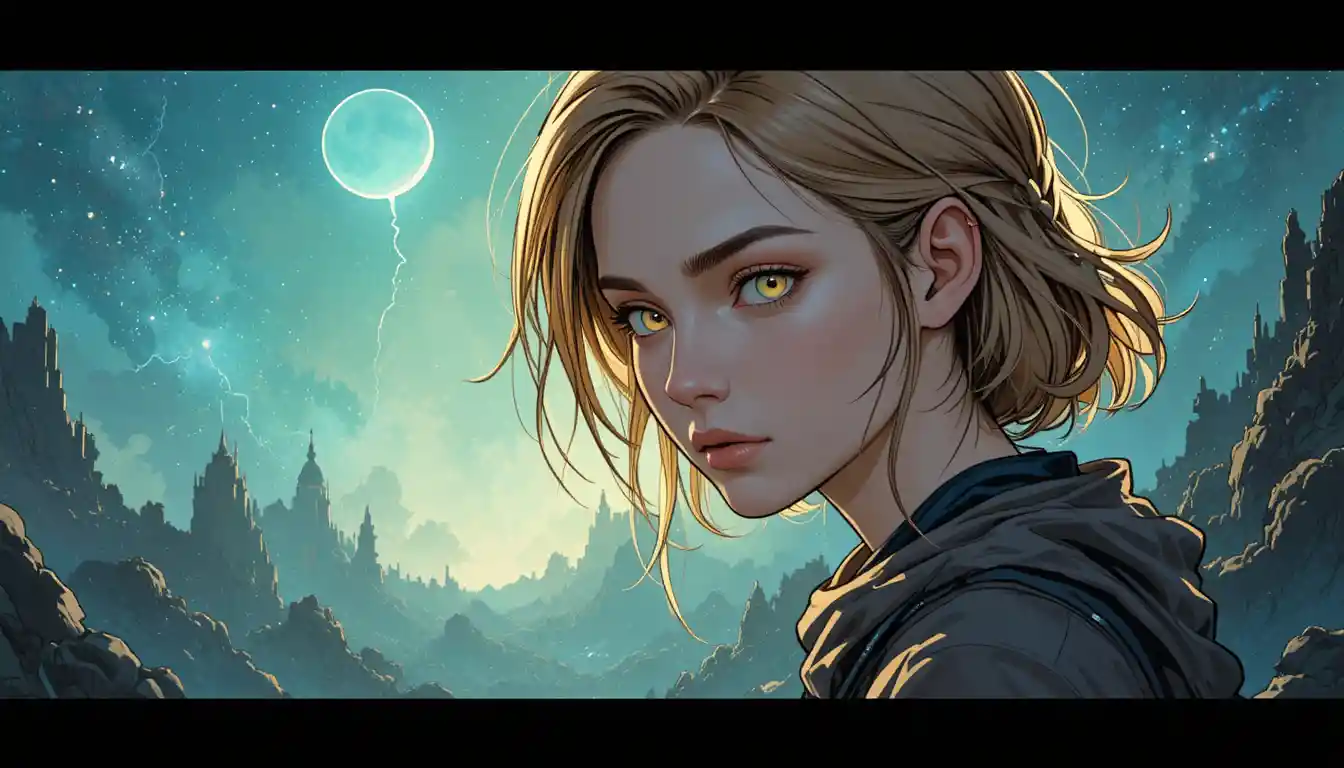 Teenage girl concept art with pale gold void touched eyes