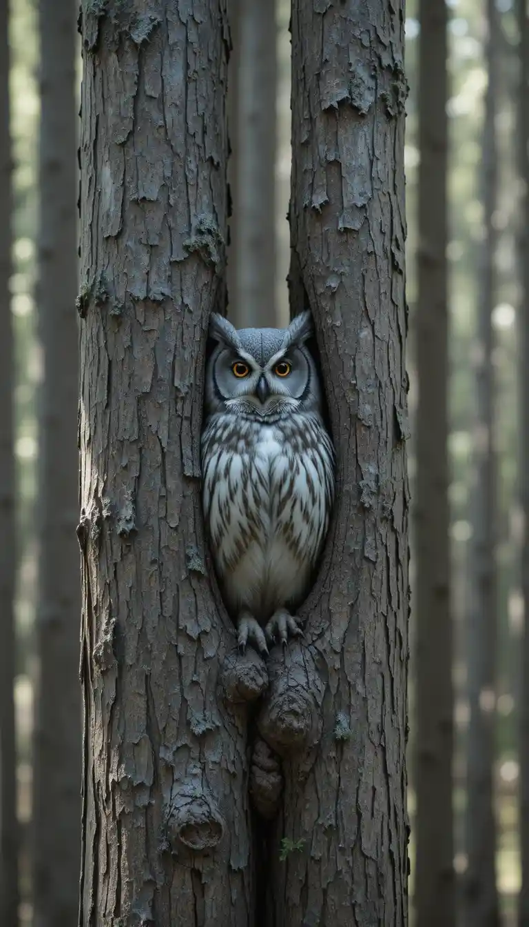 Camouflaged gray owl blending into textured forest bark