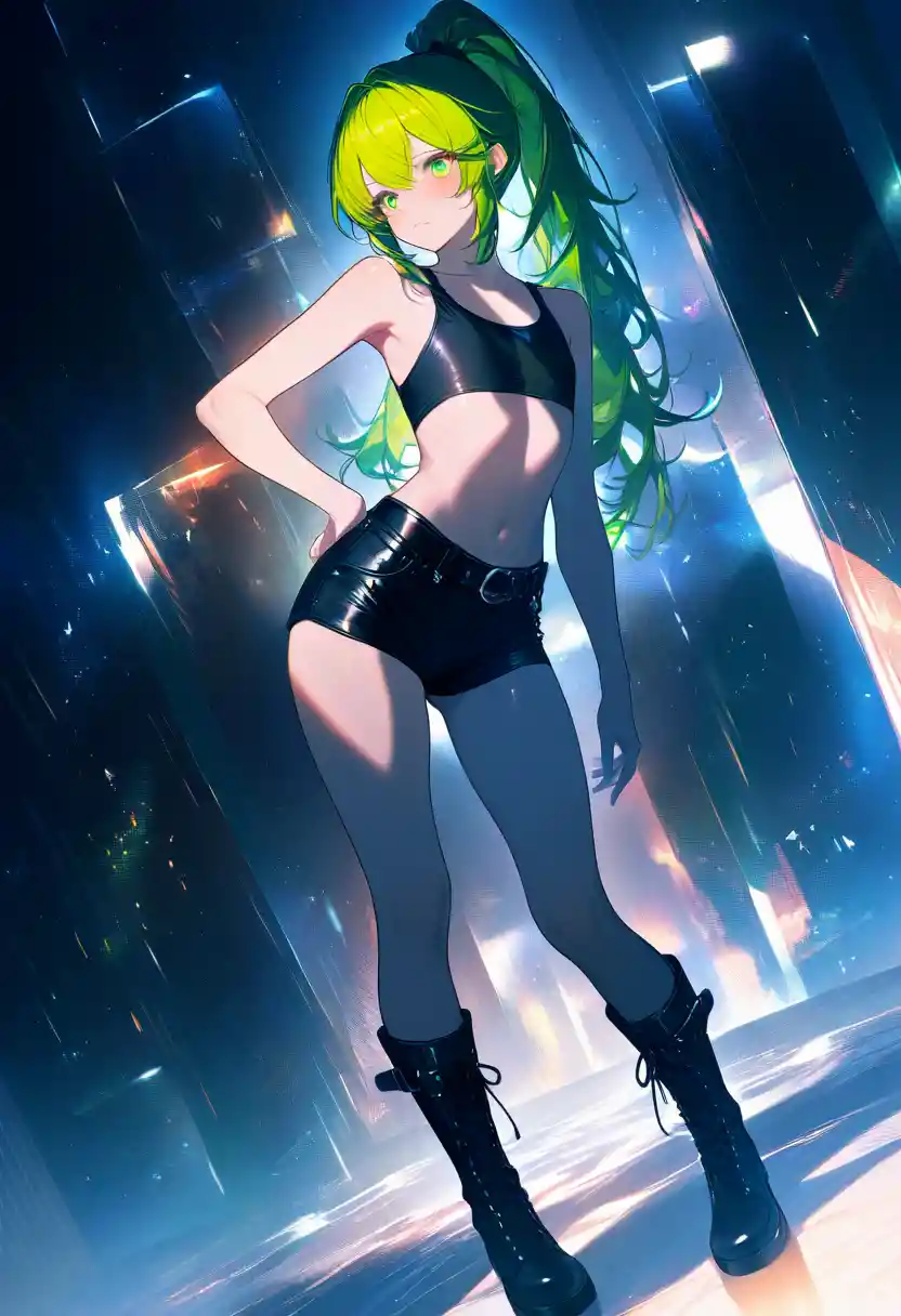 Anime femboy in neon green outfit full body character