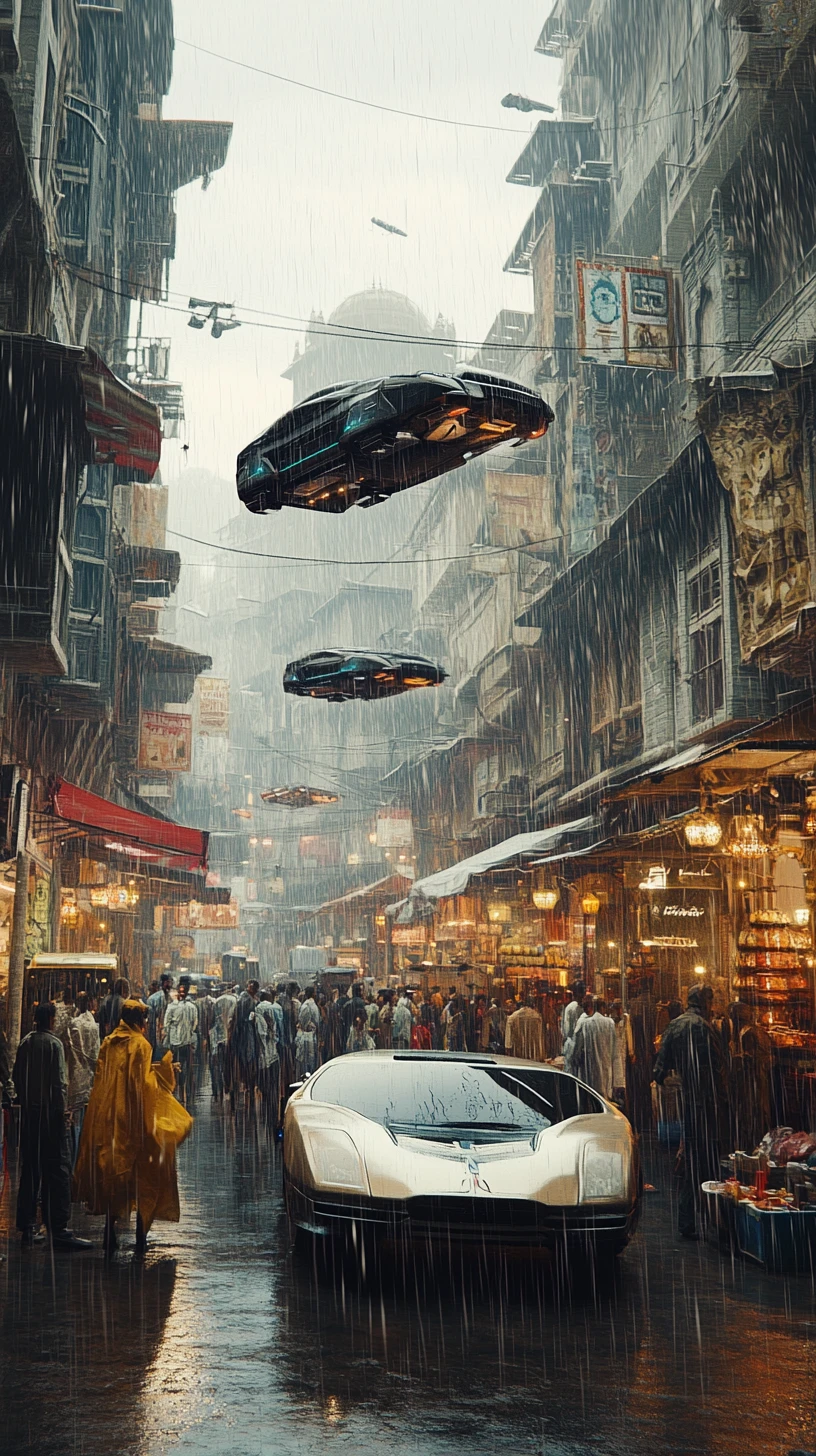 Young man in futuristic rainy city with hover cars