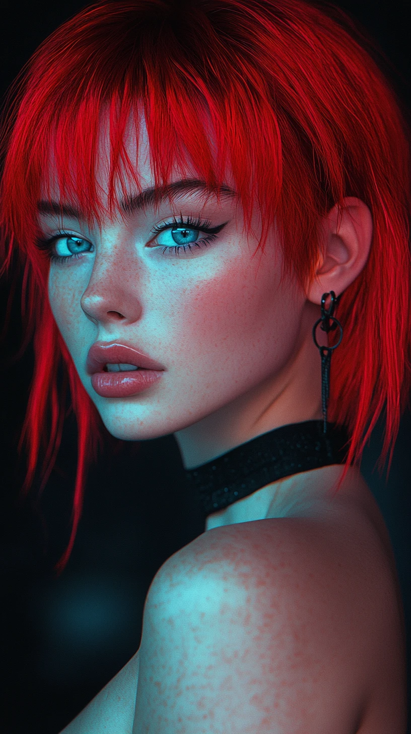 Neon haired girl portrait with intense blue eyed gaze