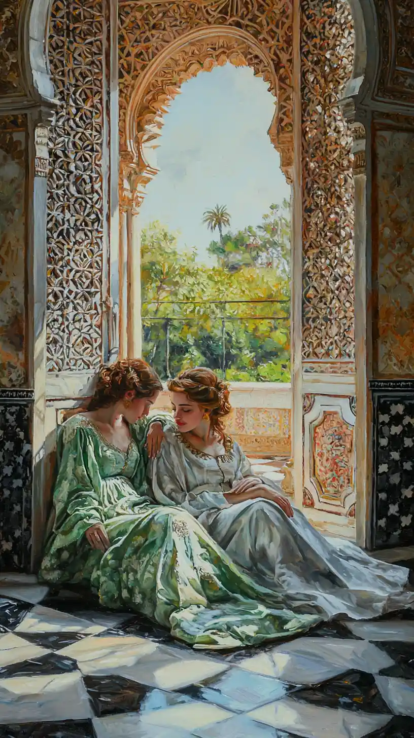 Sleeping women in emerald robes in a sunlit riad room