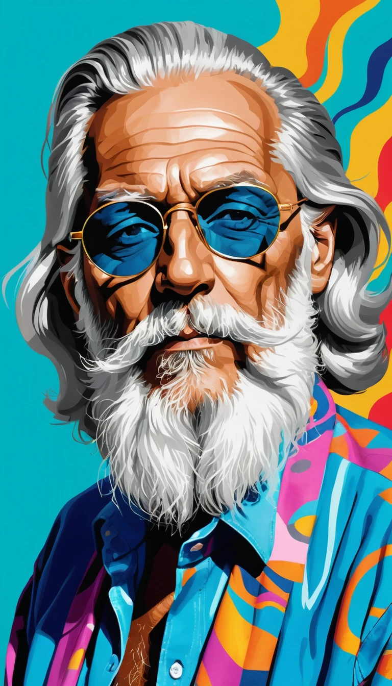Old man with colorful shades smoking against trippy background