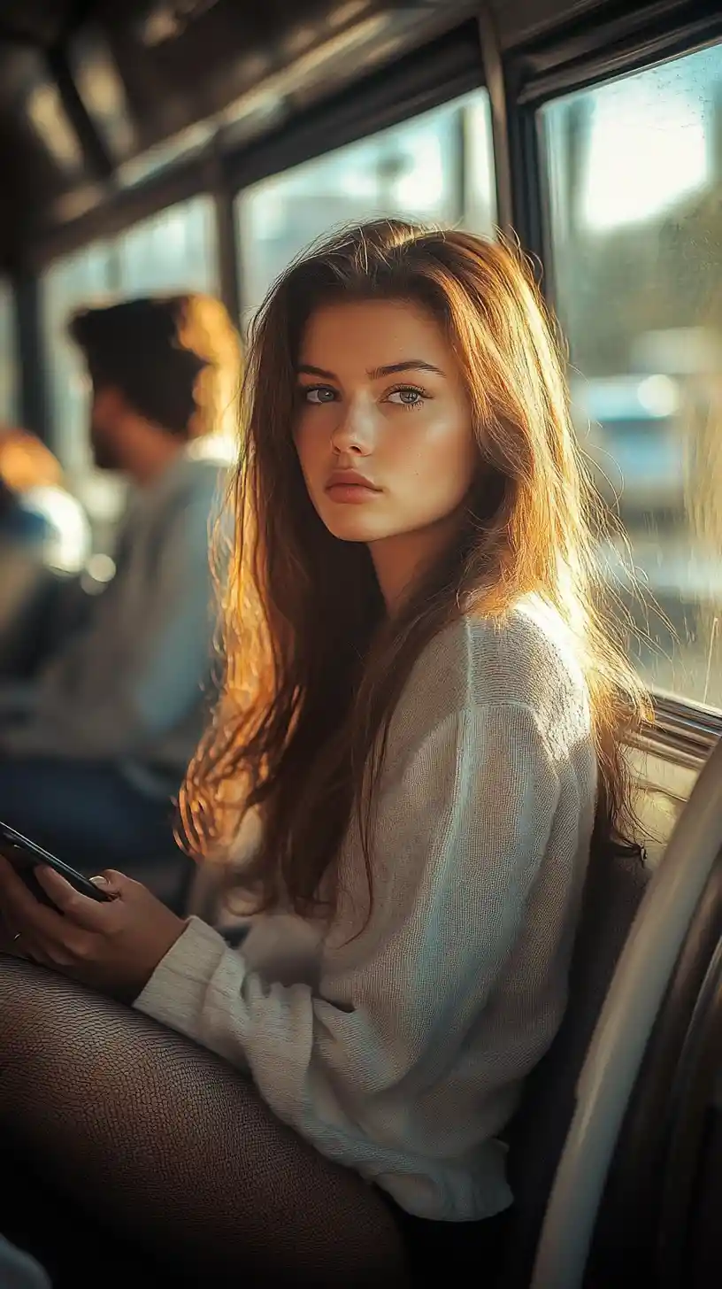 Woman using smartphone on a sunlit morning bus seat
